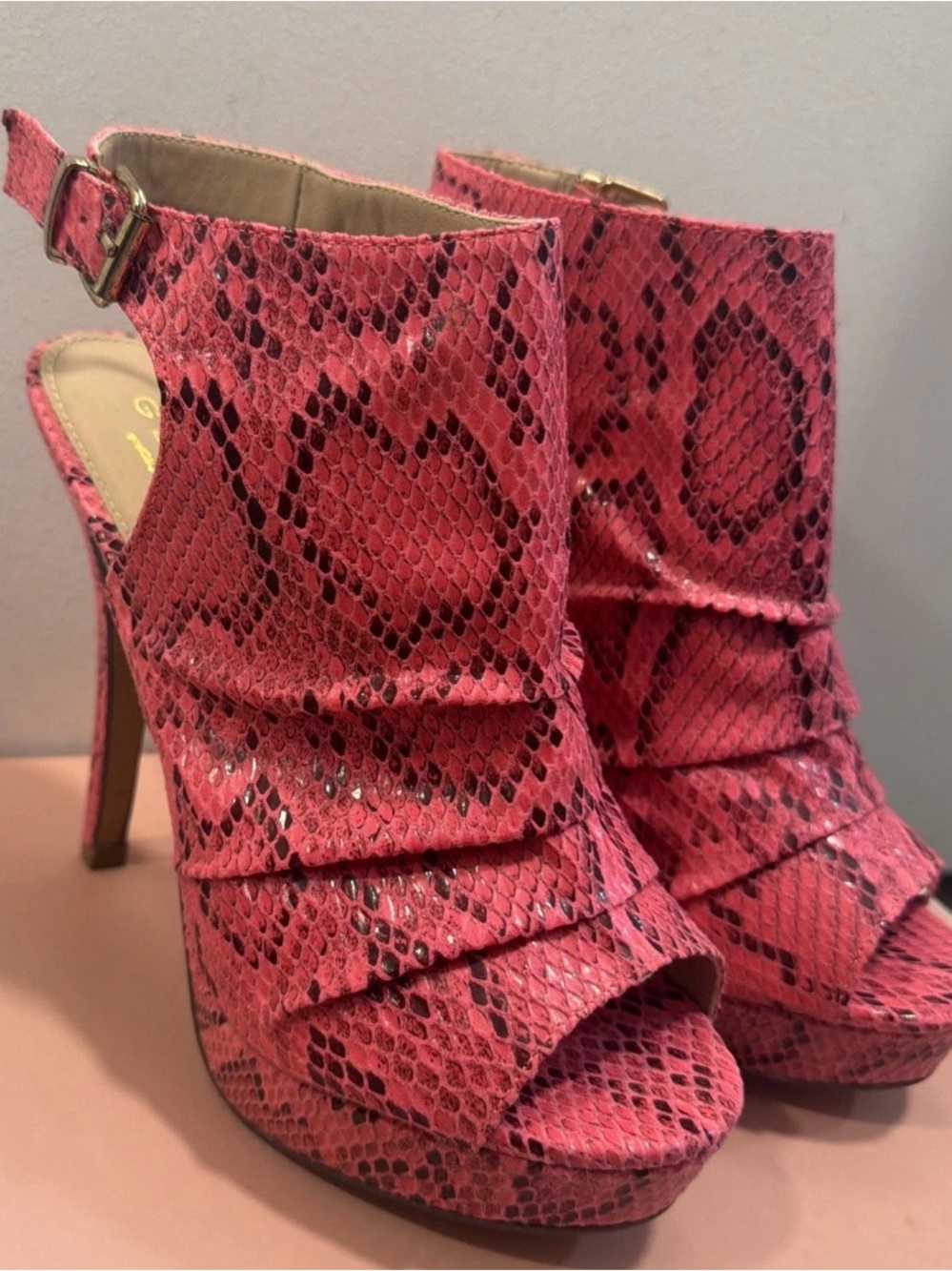Glaze Pink Snakeskin Peep-Toe Platform Heels